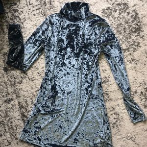 Teal Crushed Velvet High Neck Dress